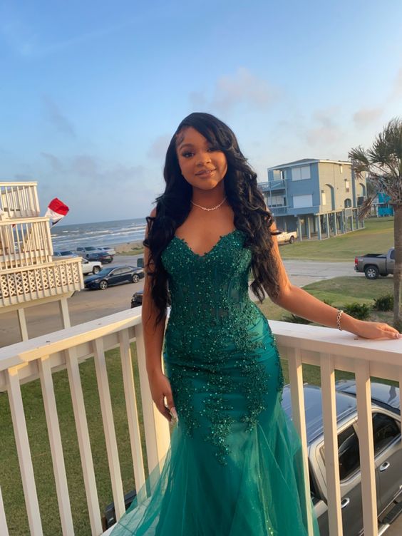 Dark Green Mermaid Tulle Lace Formal Prom Dresses Winter Formal Gown Main image