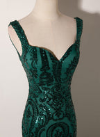Dark Green Mermaid Tulle With Sequins Straps Party Dresses, Mermaid Long Formal Dresses