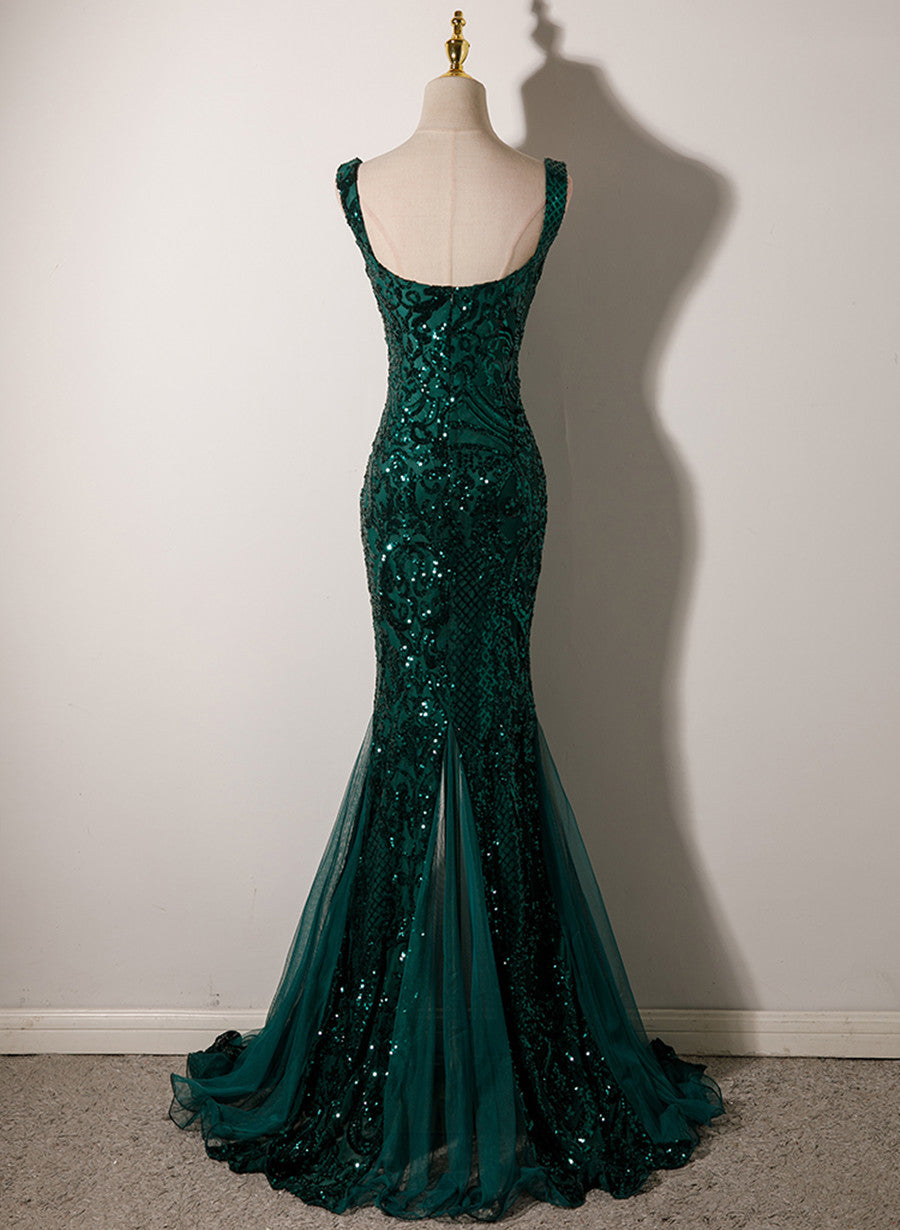 Dark Green Mermaid Tulle With Sequins Straps Party Dresses, Mermaid Long Formal Dresses