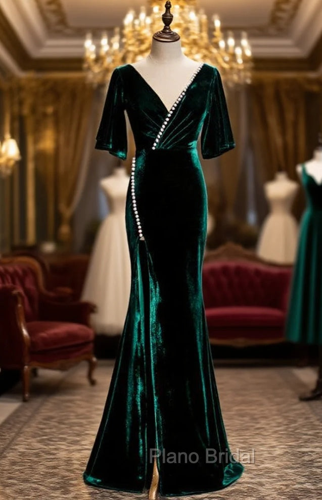 Dark Green Mermaid Velvet Short Sleeve V-neck Formal Prom Dresses