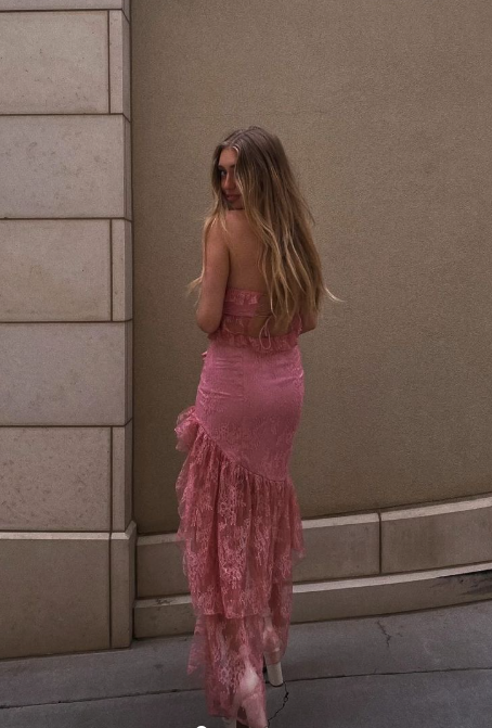 Sexy Strapless Lace Ruffle Formal Prom Dresses Long Party Dresses