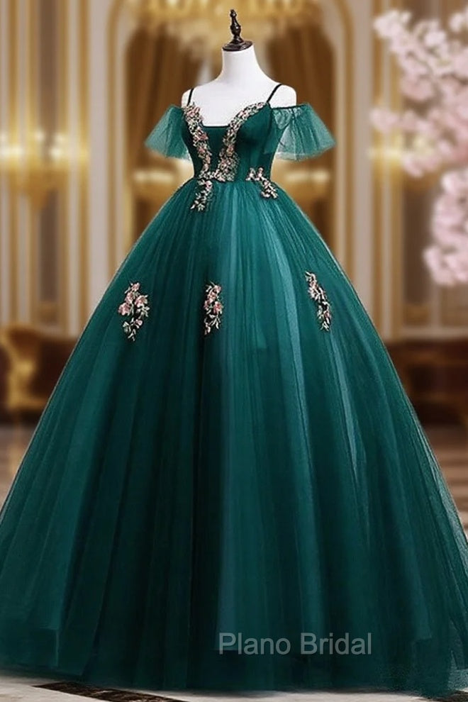 Dark Green Off Shoulder Tulle Party Dresses with Lace, Green Formal Dresses Formal Prom Dresses Main image