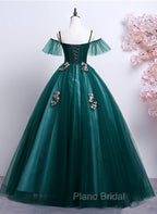 Dark Green Off Shoulder Tulle Party Dresses with Lace, Green Formal Dresses Formal Prom Dresses