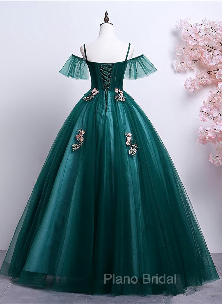 Dark Green Off Shoulder Tulle Party Dresses with Lace, Green Formal Dresses Formal Prom Dresses