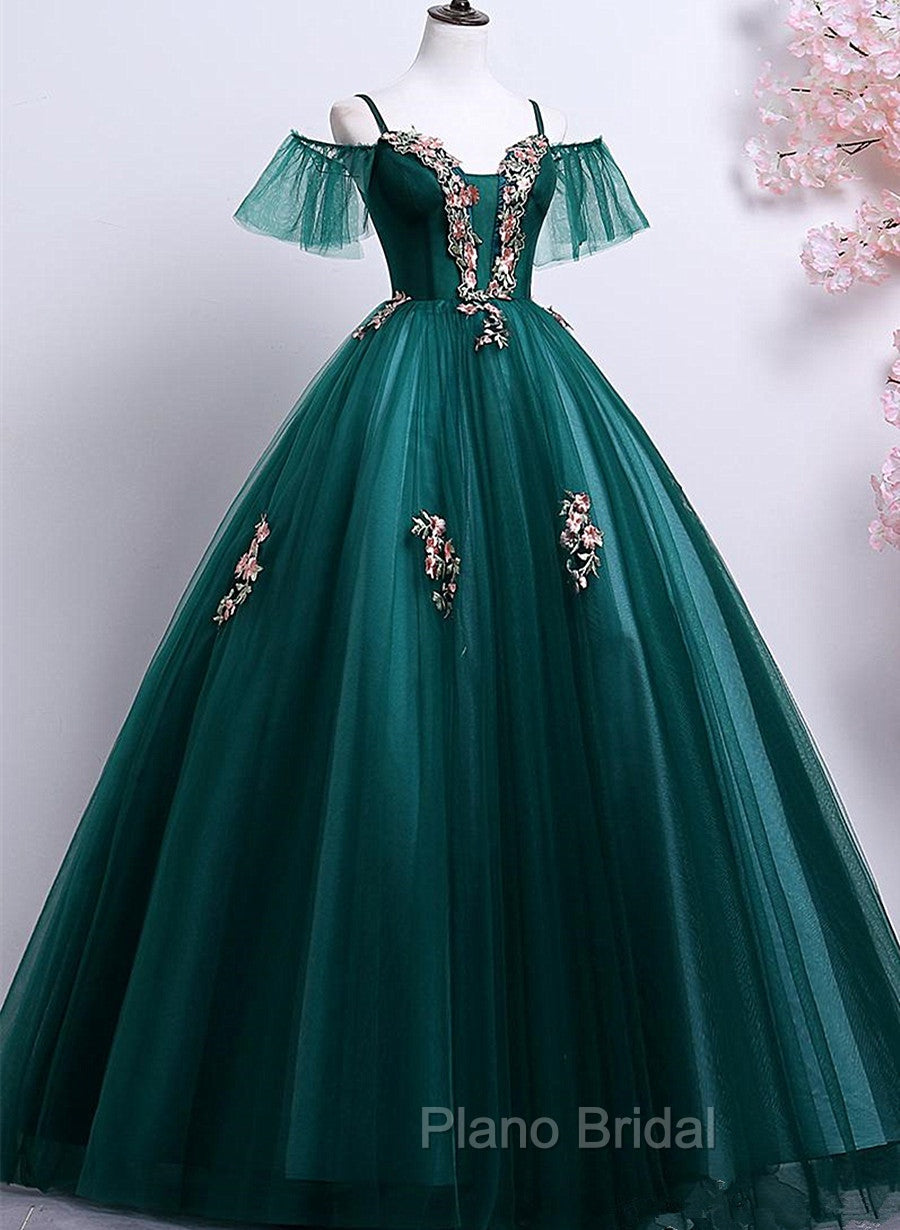 Dark Green Off Shoulder Tulle Party Dresses with Lace, Green Formal Dresses Formal Prom Dresses Secondary image