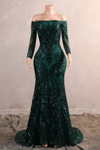 Dark Green Off-The-Shoulder Long Sleeves Sequin Mermaid Prom Dresses