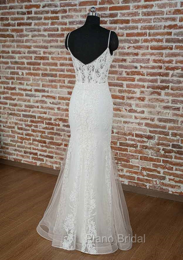 Dark Green Formal Prom Dresses, Trumpet/Mermaid V Neck Spaghetti Straps Long/Floor-Length Tulle Formal Prom Dresses With Appliqued Beading Secondary image