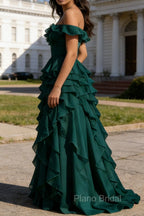 Dark Green Ruffled A-Line Square Neck Long Prom Dress