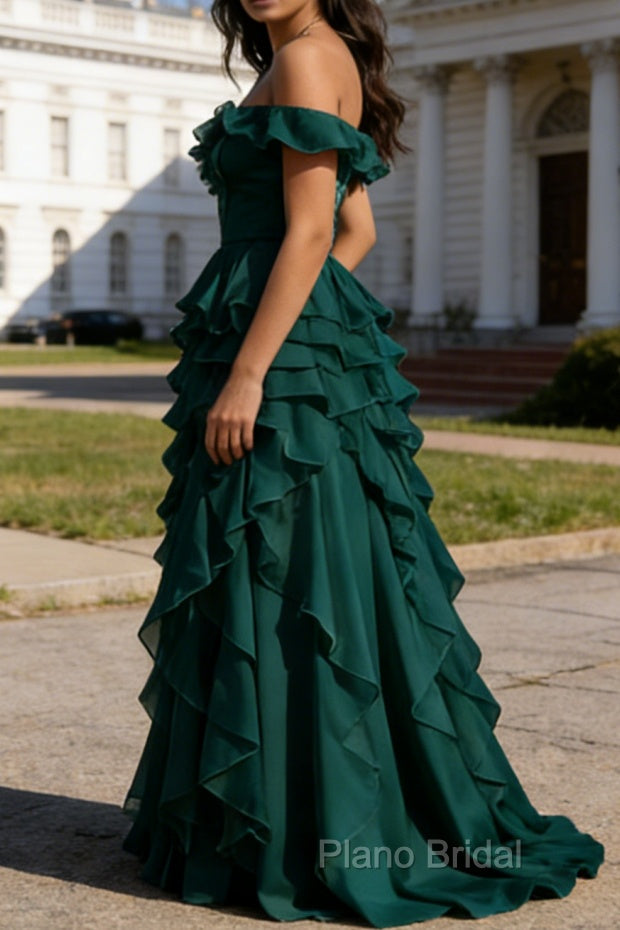 Dark Green Ruffled A-Line Square Neck Long Prom Dress