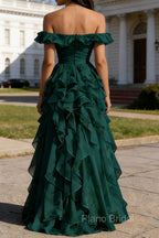 Dark Green Ruffled A-Line Square Neck Long Prom Dress