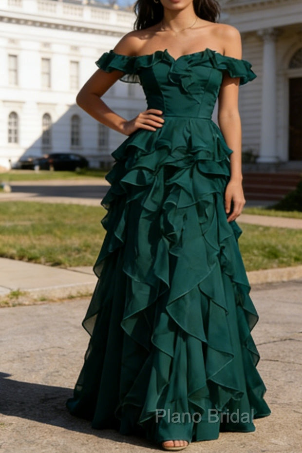 Dark Green Ruffled A-Line Square Neck Long Prom Dress