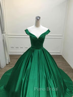 Dark Green Satin Ball Gown Long Evening Dresses Formal Prom Dresses, Green Formal Dresses