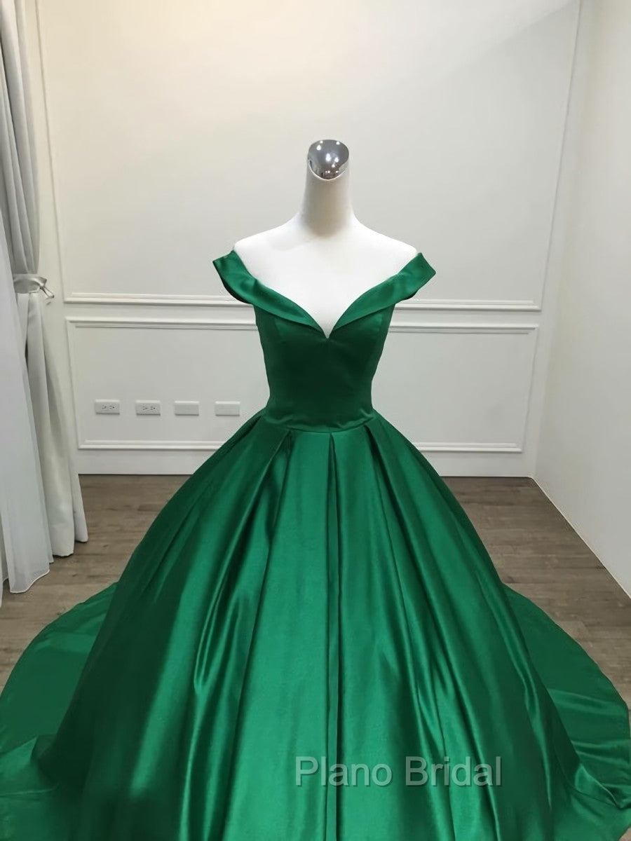 Dark Green Satin Ball Gown Long Evening Dresses Formal Prom Dresses, Green Formal Dresses