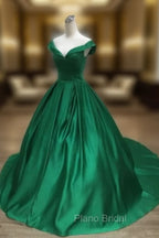 Dark Green Satin Ball Gown Long Evening Dresses Formal Prom Dresses, Green Formal Dresses