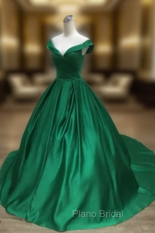 Dark Green Satin Ball Gown Long Evening Dresses Formal Prom Dresses, Green Formal Dresses