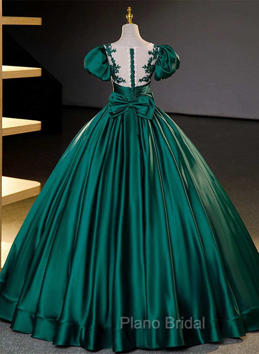 Dark Green Satin Ball Gown Sweet 16 Dresses, Green Long Formal Dresses Party Dresses