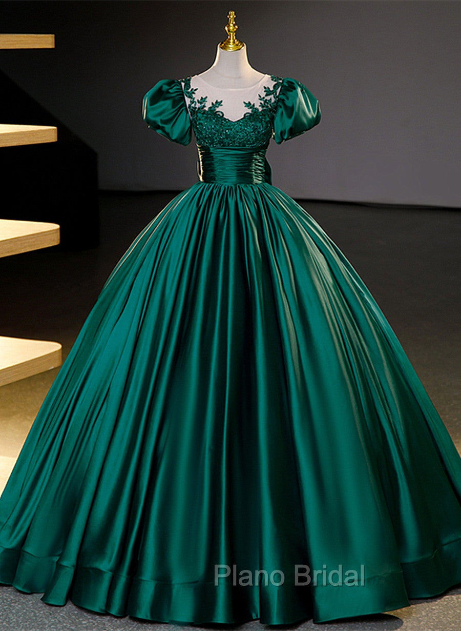 Dark Green Satin Ball Gown Sweet 16 Dresses, Green Long Formal Dresses Party Dresses