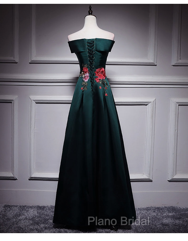 Dark Green Satin Off Shoulder Floor Length Satin Party Dresses, Green Formal Prom Dresses Formal Dresses Secondary image