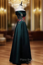 Dark Green Satin Off Shoulder Floor Length Satin Party Dresses, Green Formal Prom Dresses Formal Dresses