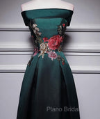 Dark Green Satin Off Shoulder Floor Length Satin Party Dresses, Green Formal Prom Dresses Formal Dresses