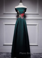 Dark Green Satin Off Shoulder Floor Length Satin Party Dresses, Green Formal Prom Dresses Formal Dresses