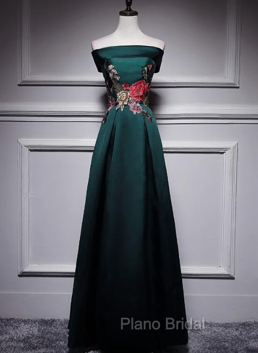Dark Green Satin Off Shoulder Floor Length Satin Party Dresses, Green Formal Prom Dresses Formal Dresses