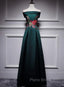 Dark Green Satin Off Shoulder Floor Length Satin Party Dresses, Green Formal Prom Dresses Formal Dresses