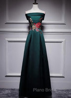 Dark Green Satin Off Shoulder Floor Length Satin Party Dresses, Green Formal Prom Dresses Formal Dresses
