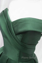 Dark Green Satin Off Shoulder Knee Length Party Dresses, Green Homecoming Dresses Formal Prom Dresses