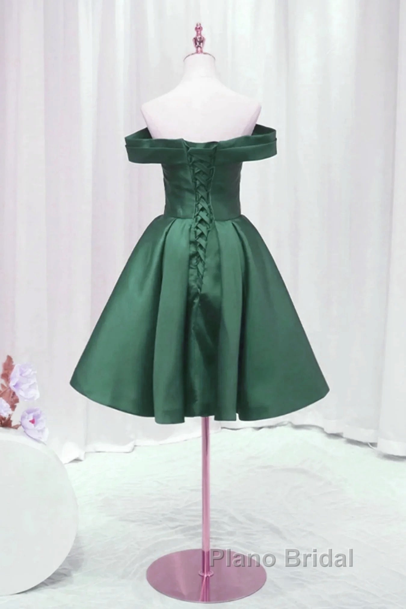 Dark Green Satin Off Shoulder Knee Length Party Dresses, Green Homecoming Dresses Formal Prom Dresses