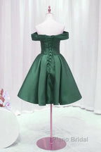 Dark Green Satin Off Shoulder Knee Length Party Dresses, Green Homecoming Dresses Formal Prom Dresses
