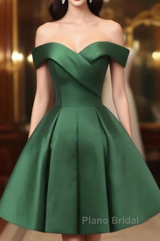 Dark Green Satin Off Shoulder Knee Length Party Dresses, Green Homecoming Dresses Formal Prom Dresses Main image