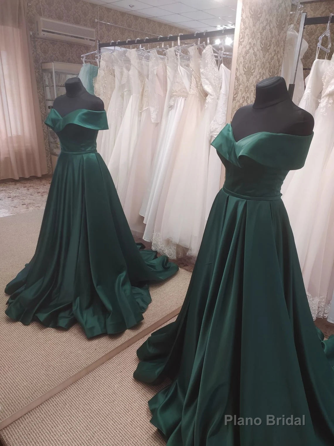 Dark Green Satin Off Shoulder Long Formal Dress with Slit, Long Evening Dresses Main image