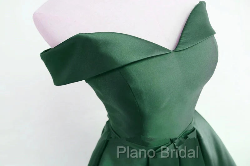 Dark Green Satin Off Shoulder Short Formal Prom Dresses, Green Homecoming Dresses