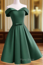 Dark Green Satin Off Shoulder Short Formal Prom Dresses, Green Homecoming Dresses