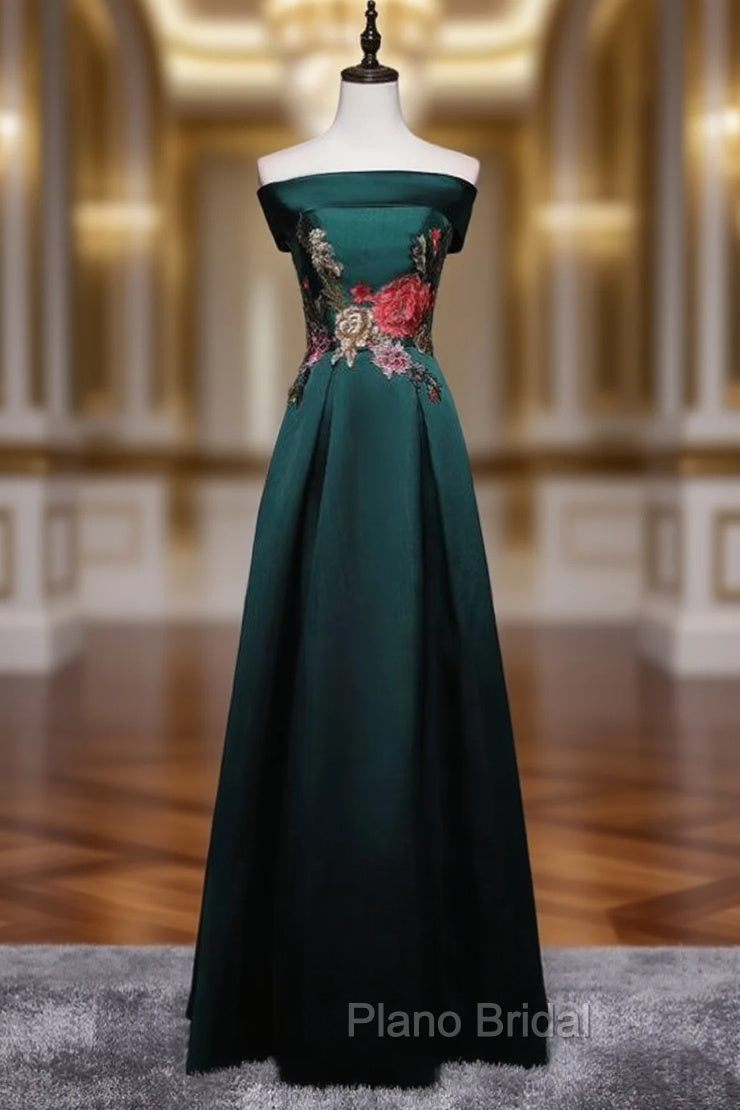 Dark Green Satin Off the Shoulder Appliques Formal Prom Dresses Main image
