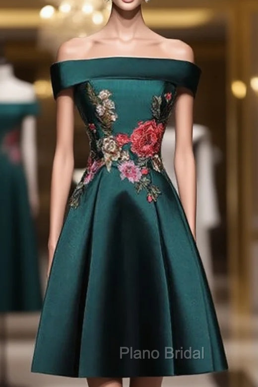 Dark Green Satin Off the Shoulder Appliques Tea Length Formal Prom Dresses Main image