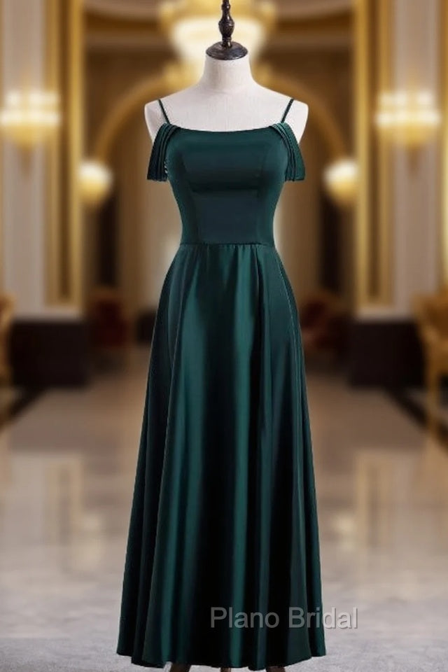 Dark Green Satin Spaghetti Straps Formal Prom Dresses Main image