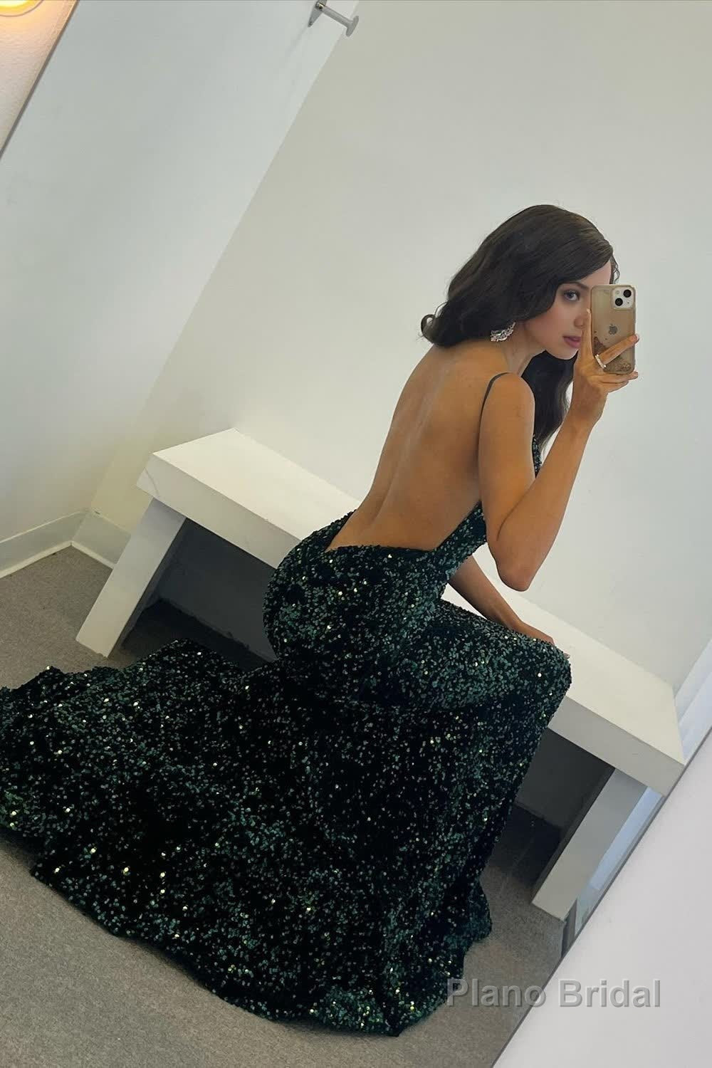 Dark Green Sequins Backless Mermaid Prom Dress Secondary image