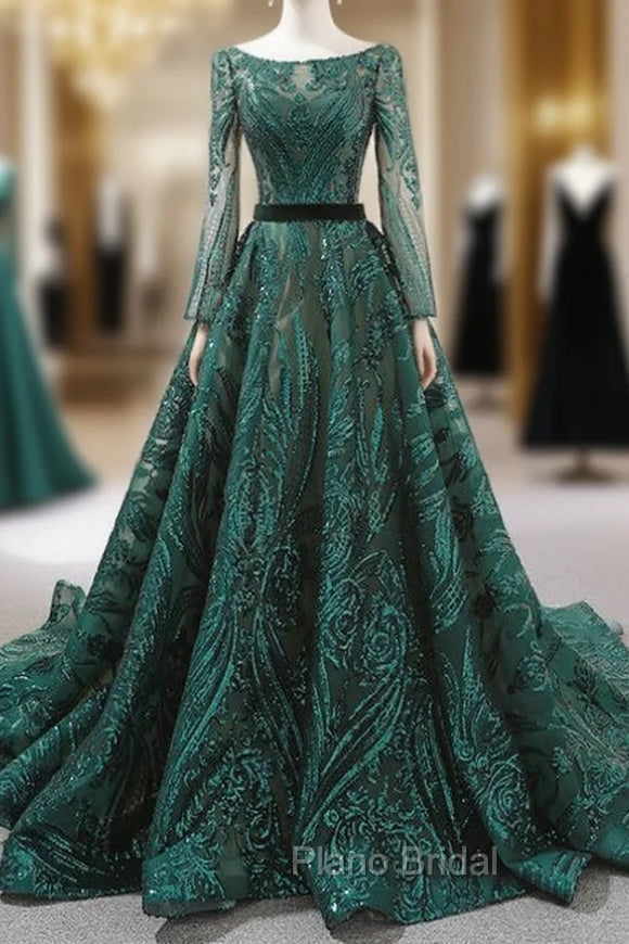 Dark Green Sequins Long Sleeve Backless Formal Prom Dresses With Long Train