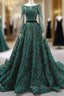Dark Green Sequins Long Sleeve Backless Formal Prom Dresses With Long Train