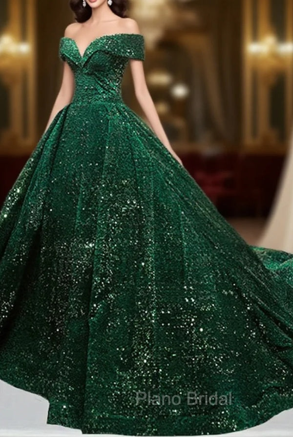 Dark Green Sequins Off Shoulder Ball Gown Sweet 16 Dresses, Dark Green Formal Prom Dresses