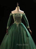 Dark Green Sleeves with Gold Lace Sweet 16 Dresses, Dark Green Long Formal Dresses