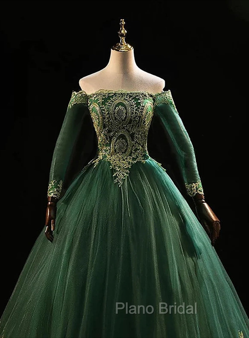 Dark Green Sleeves with Gold Lace Sweet 16 Dresses, Dark Green Long Formal Dresses