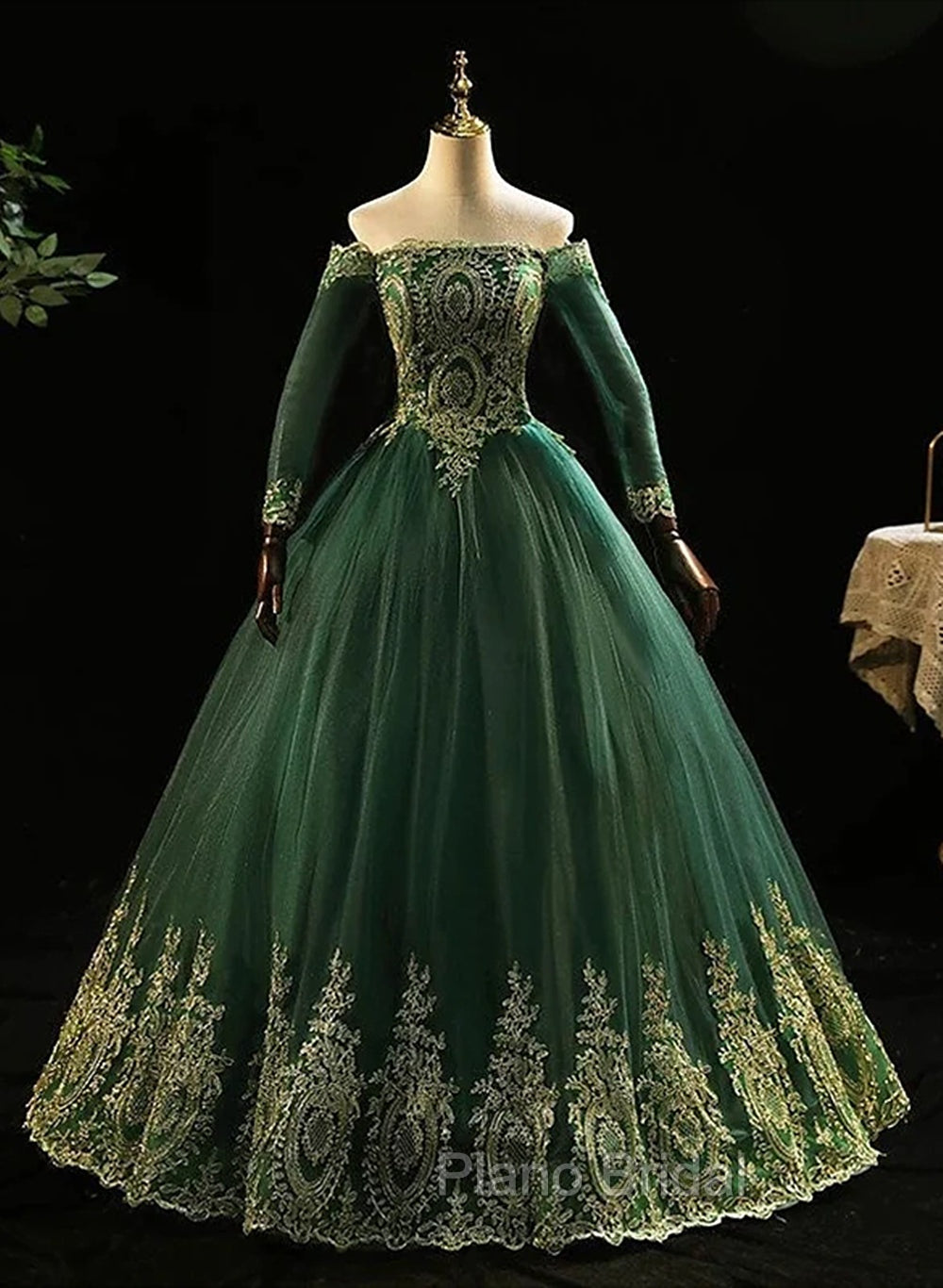 Dark Green Sleeves with Gold Lace Sweet 16 Dresses, Dark Green Long Formal Dresses Main image