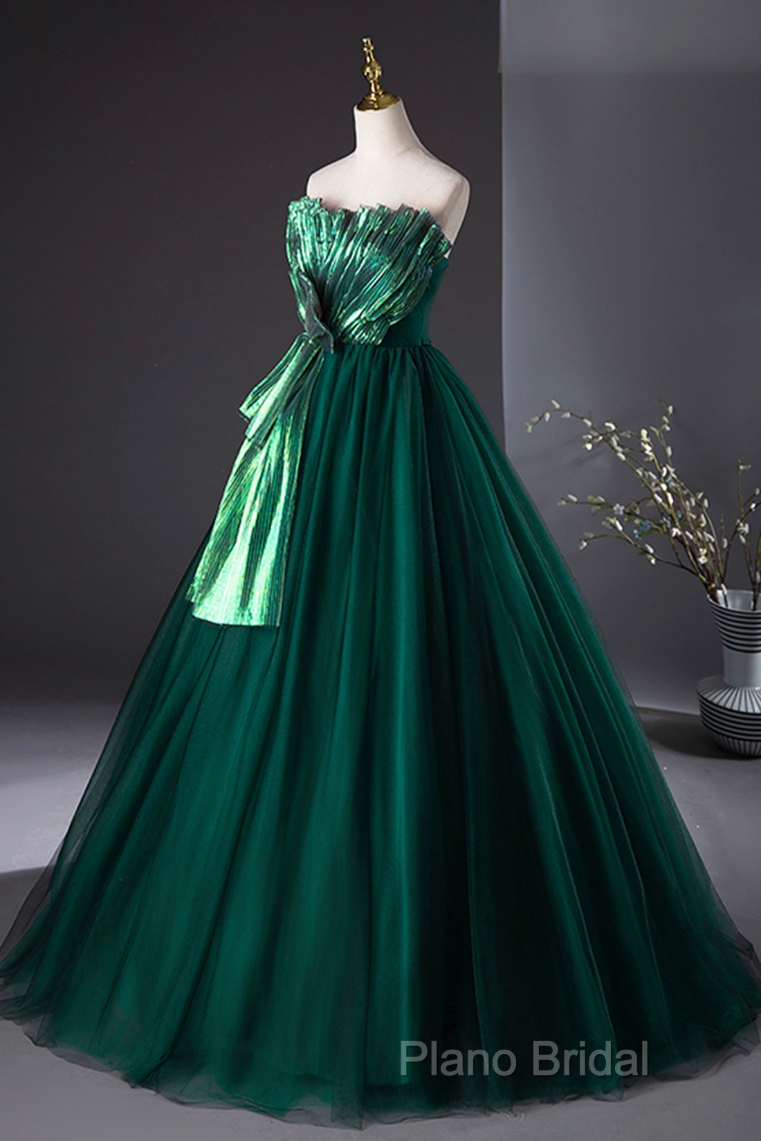 Dark Green Strapless Tulle Long Formal Prom Dresses, Beautiful A-Line Formal Dresses