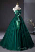 Dark Green Strapless Tulle Long Formal Prom Dresses, Beautiful A-Line Formal Dresses