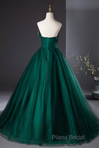 Dark Green Strapless Tulle Long Formal Prom Dresses, Beautiful A-Line Formal Dresses