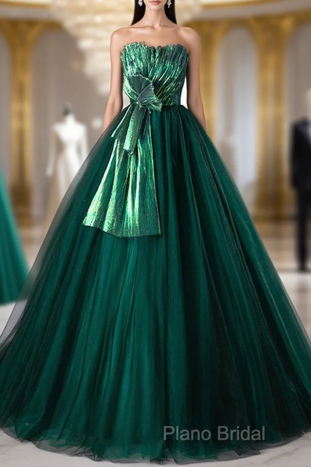 Dark Green Strapless Tulle Long Formal Prom Dresses, Beautiful A-Line Formal Dresses Main image