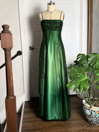Dark Green Straps A-Line Tulle Formal Prom Dresses, Green Satin Beaded Lace Party Dresses